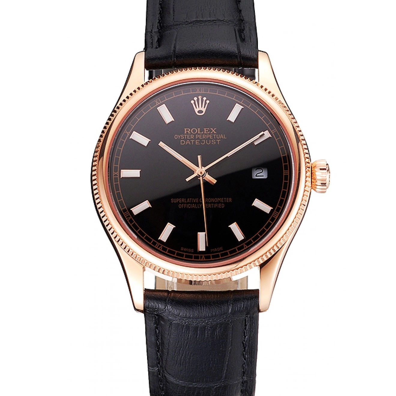 Leather Rolex Dial Swiss Black Strap Gold Rose Case Datejust Black 0602